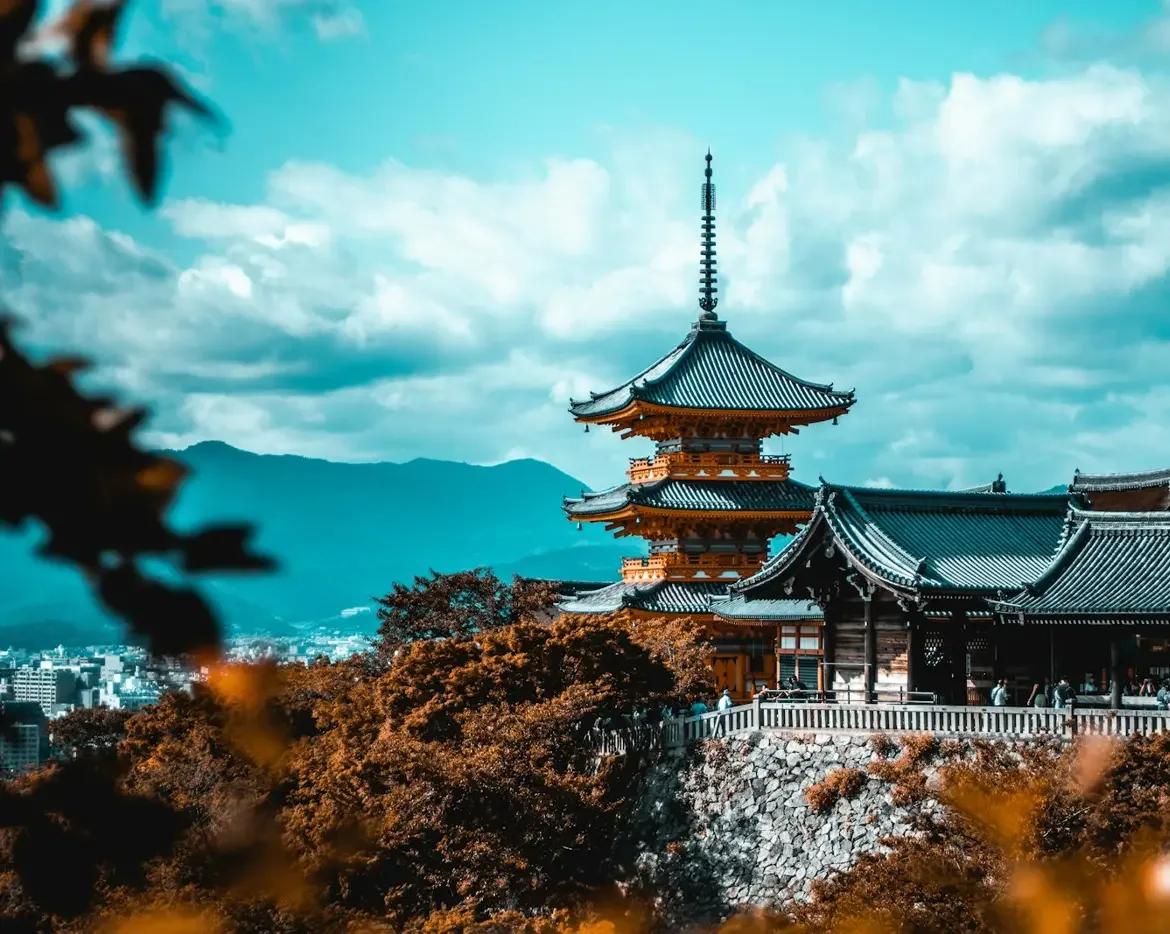 The pagoda at Kiyomizu-dera above the autumn maples, Kyoto